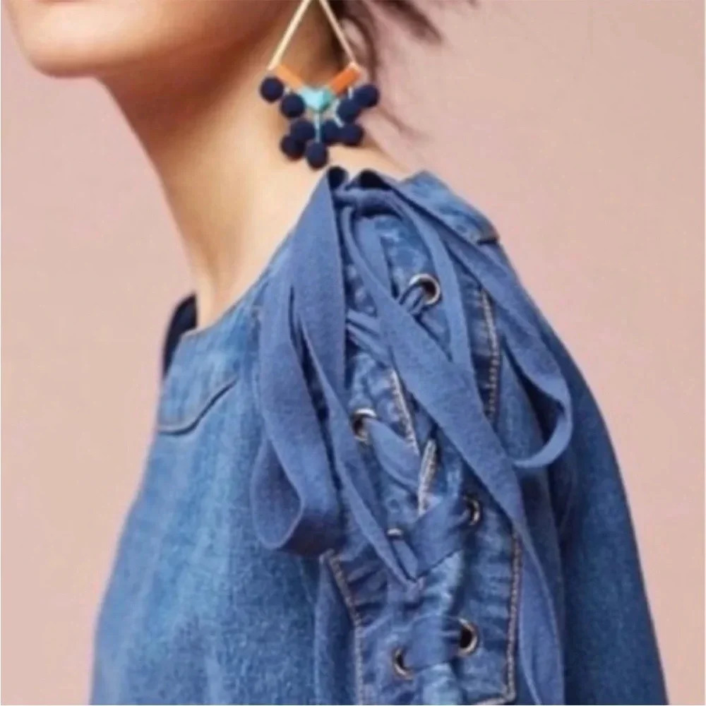 EUC Maeve Anthropologie Blue Denim Lace Up Shoulder Mini Shift Dress Size Small - Picture 4 of 13